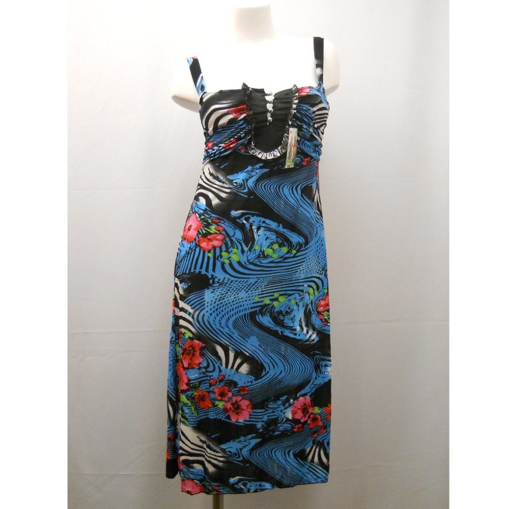 Ice Sea Silk Women's Dress Blue Split-Ruffle-Neck Spaghetti Straps Size L **NWT